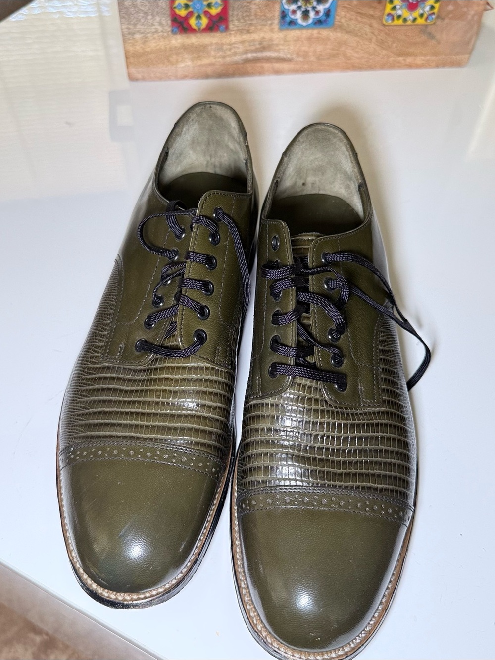 Stacy Adams Olive Green Lace-Up Oxford with Textured Cap Toe